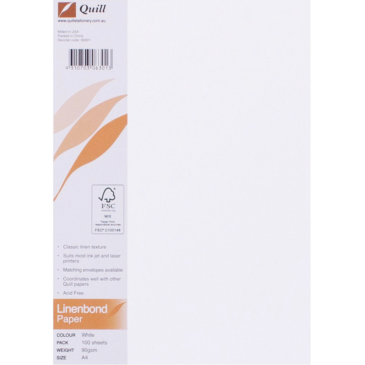 Quill Linenbond Paper 90gsm A4 White Pack of 100