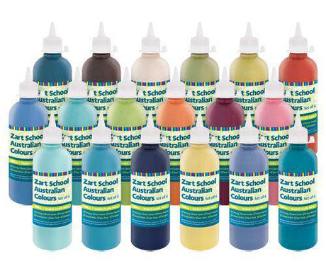 Zart School Australian Colours Acrylic Paint 500mL Pack of 18 Assorted - Zart